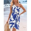 CUPSHE Women’s One Shoulder Leaf Print Self-tie Short Dress Sleeveless Tiered Hem Formal Dress Casual Mini Dress(Blue Beige)