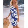 CUPSHE Women’s One Shoulder Leaf Print Self-tie Short Dress Sleeveless Tiered Hem Formal Dress Casual Mini Dress(Blue Beige)