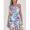 CUPSHE Women’s One Shoulder Leaf Print Self-tie Short Dress Sleeveless Tiered Hem Formal Dress Casual Mini Dress(White Floral)