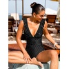 CUPSHE Women’s Ruffled One Piece Swimsuit V Neck Lace Up(Black/Polka Dot)