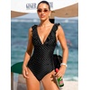 CUPSHE Women’s Ruffled One Piece Swimsuit V Neck Lace Up(Black/Polka Dot)