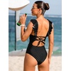 CUPSHE Women’s Ruffled One Piece Swimsuit V Neck Lace Up(Black/Polka Dot)