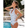 CUPSHE Women’s Ruffled One Piece Swimsuit V Neck Lace Up(Cream/Blue Floral)