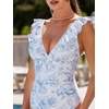 CUPSHE Women’s Ruffled One Piece Swimsuit V Neck Lace Up(Cream/Blue Floral)