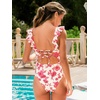 CUPSHE Women’s Ruffled One Piece Swimsuit V Neck Lace Up(Cream/Red Floral)