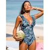 CUPSHE Women’s Ruffled One Piece Swimsuit V Neck Lace Up(Dusty Blue/Tropical)