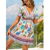 CUPSHE Women’s Summer Dresses Tropical Resort Outfits V Neck Short Sleeve Smocked Boho Mini Dress(Blue)