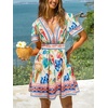 CUPSHE Women’s Summer Dresses Tropical Resort Outfits V Neck Short Sleeve Smocked Boho Mini Dress(Blue)