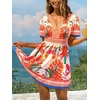 CUPSHE Women’s Summer Dresses Tropical Resort Outfits V Neck Short Sleeve Smocked Boho Mini Dress(Red)