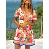 CUPSHE Women’s Summer Dresses Tropical Resort Outfits V Neck Short Sleeve Smocked Boho Mini Dress(Red)