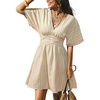 CUPSHE Women Summer Dress Striped V Neck Smocked Waist Front Buttons Sun Dress Casual Vacation Beach Short Mini Dress(Khaki Striped)