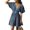 CUPSHE Women Summer Dress Striped V Neck Smocked Waist Front Buttons Sun Dress Casual Vacation Beach Short Mini Dress(Navy Blue)