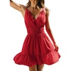 CUPSHE Women Summer Dress Surplice V Neck Smocked Waist Ruffle Hem A Line Sun Dress Vacation Beach Flowy Mini Dress(Red)