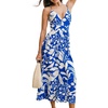 CUPSHE Women Summer Maxi Dress Floral Spaghetti Strap Deep V Neck Backless Smocked Casual Beach Vacation Boho Outfit(Blue)