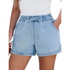 CUPSHE Women’s Denim Shorts Drawstring Smocked Waist Frayed Cuff Relaxed Casual Summer Bottom(Light Blue)