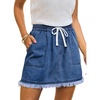 CUPSHE Women’s High Waist Denim Mini Skirts Drawstring Elastic Waist Frayed Hem Casual Summer Short Skirt(Dark Blue)