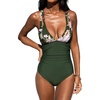 CUPSHE Women’s One Piece Swimsuit Tummy Control Deep V Neck Double Straps Crisscross Back Tie Bathing Suit(Olive Green/Floral)