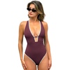 CUPSHE Women’s One Piece Swimsuit Tummy Control V Neck Cutout Bathing Suit Crisscross Back Textured Cheeky Bottom(Burgundy)