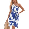 CUPSHE Women’s One Shoulder Leaf Print Self-tie Short Dress Sleeveless Tiered Hem Formal Dress Casual Mini Dress(Blue Beige)