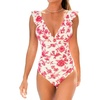 CUPSHE Women’s Ruffled One Piece Swimsuit V Neck Lace Up(Cream/Red Floral)