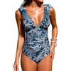 CUPSHE Women’s Ruffled One Piece Swimsuit V Neck Lace Up(Dusty Blue/Tropical)