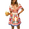 CUPSHE Women’s Summer Dresses Tropical Resort Outfits V Neck Short Sleeve Smocked Boho Mini Dress(Red)