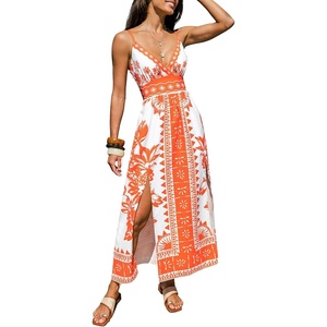 CUPSHE Boho Summer Womens Maxi Dress 2026 Spaghetti Strap V Neck Floral Beach Slit A-Line Flowy Sundress Vacation Resort Wear(Burnt Orange)