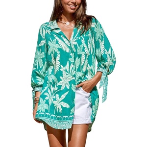 CUPSHE Women Mini Summer Dress Cover Up Oversize Floral Shirt 3/4 Sleeve Cuff Tie Button Down Beach Dresses Cover Up Top(Emerald Green Tropical)