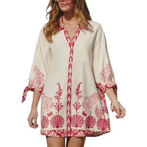 CUPSHE Women Mini Summer Dress Cover Up Oversize Floral Shirt 3/4 Sleeve Cuff Tie Button Down Beach Dresses Cover Up Top(White Rose)