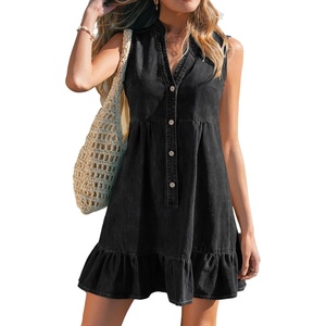 CUPSHE Women Summer Dress Notched V Neck Front Button Denim Dress Sleeveless Ruffle Hem Beach Vacation Mini Sun Dress(Black)