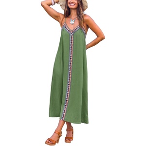 CUPSHE Women’s Boho Maxi Dress Summer Sleeveless V Neck Casual Printed Loose Long A Line Beach Vacation Flowy Sundress(Olive Green)