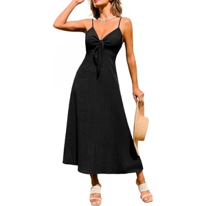 CUPSHE Women’s Formal Summer Maxi Dress Spaghetti Strap V Neck Smocked Tie Knot Sundress Flowy Elegant Wedding Guest Dress(Black)