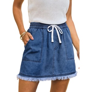 CUPSHE Women’s High Waist Denim Mini Skirts Drawstring Elastic Waist Frayed Hem Casual Summer Short Skirt(Dark Blue)