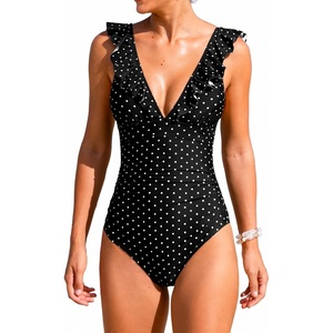 CUPSHE Women’s Ruffled One Piece Swimsuit V Neck Lace Up(Black/Polka Dot)