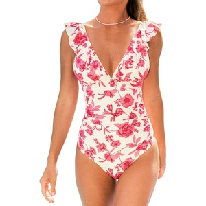 CUPSHE Women’s Ruffled One Piece Swimsuit V Neck Lace Up(Cream/Red Floral)