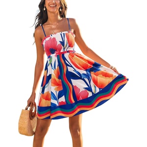 CUPSHE Women’s Smocked Floral Mini Sundress Square Neck Spaghetti Strap Flowy A Line Dress Summer Casual Beach Short Dress(Orange Floral)