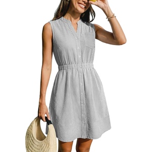 CUPSHE Womens Summer Dress Sleeveless Button Ruffled Casual Striped Shirt Dress A-Line Mini Dress Beach Vacation Sundress(Black Striped)