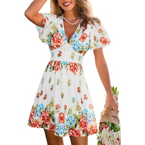 CUPSHE Women’s Summer Dresses 2026 Floral V Neck Short Sleeve A Line Sundress Casual Boho Beach Vacation Cute Flowy Dress(White Floral)