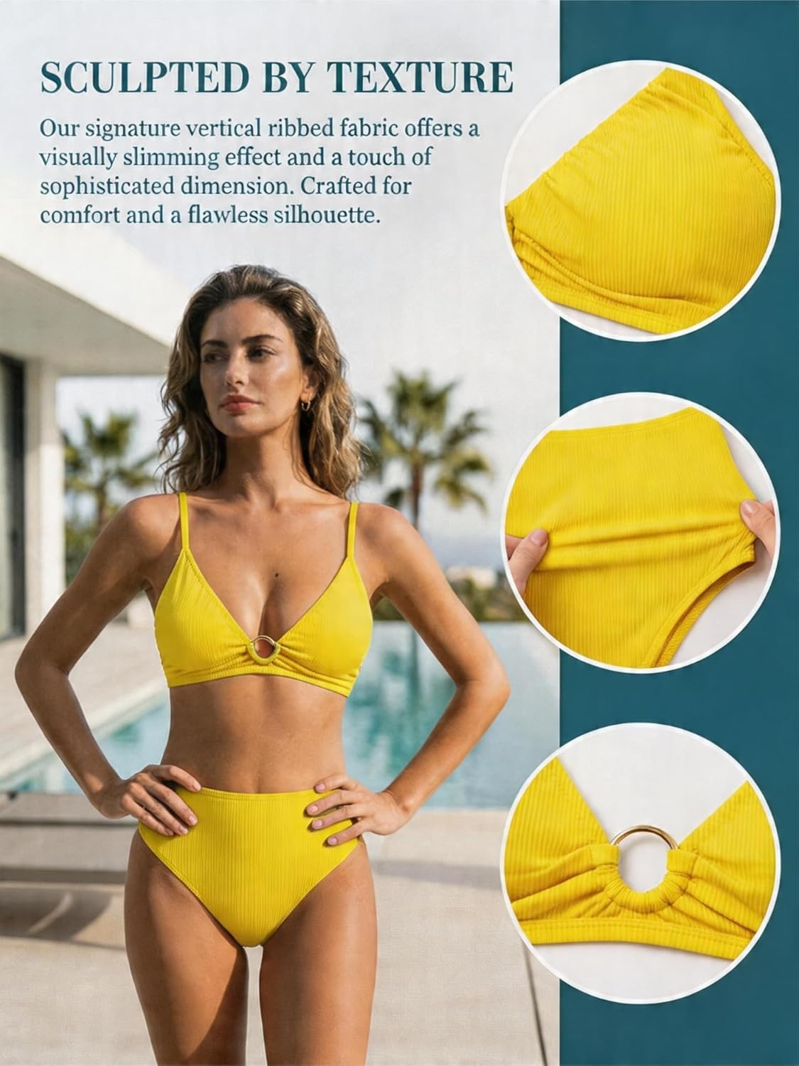 image:imageCUPSHE Two Piece Swimsuit for Women Bikini Set High Waisted V Neck O Ring Removable Straps Ruching Bathing SuitsLemon Yellow