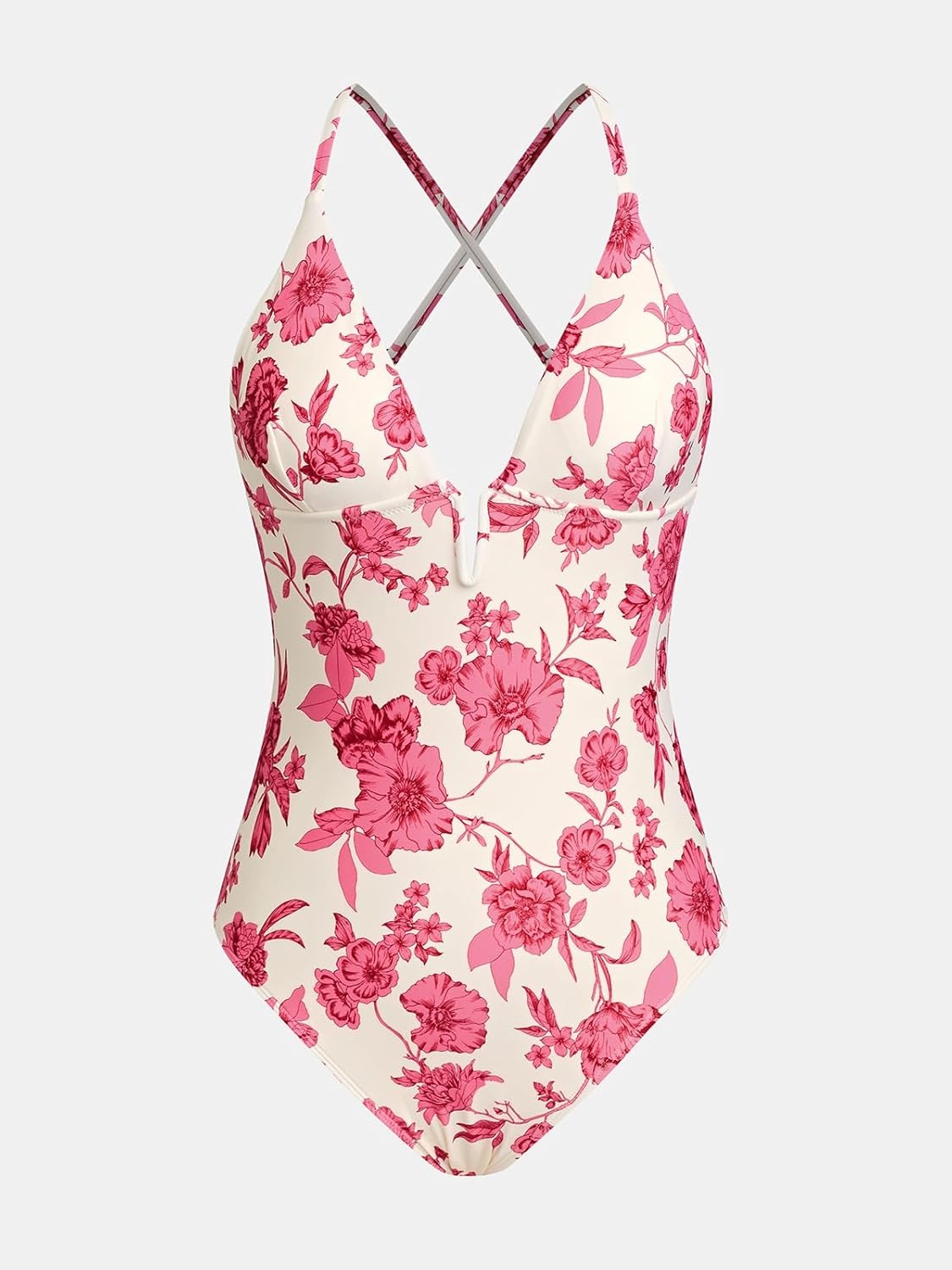 image:imageCUPSHE Women Swimsuit One Piece Bathing Suit Deep V Neck Crisscross Back Adjustable StrapBeigePink Floral
