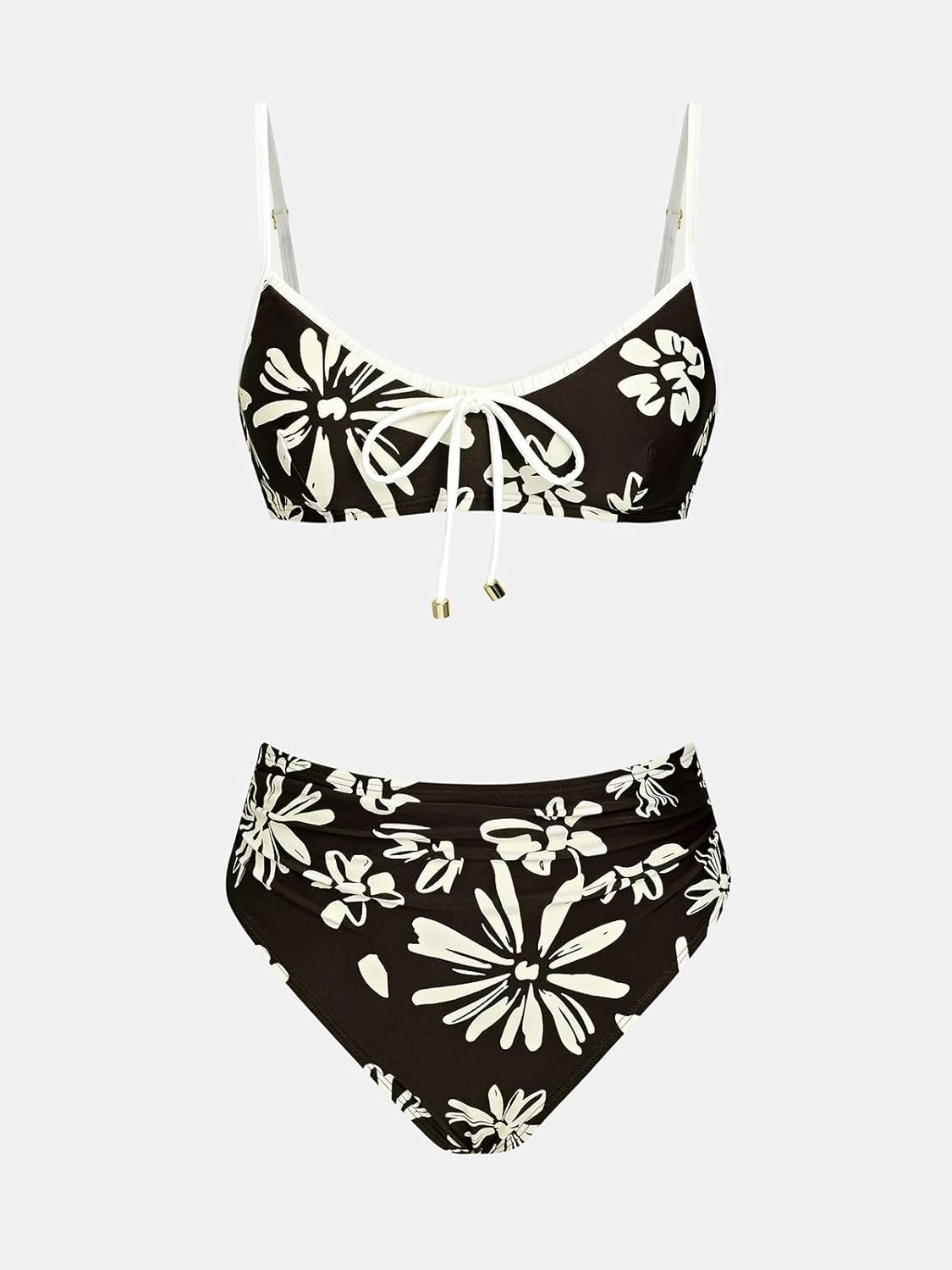 image:imageCUPSHE Womens Bikini Set High Waisted Tummy Control Two Piece Swimsuit Scoop Neck Color Block Bathing Suit RuchedChocolate BrownFloral