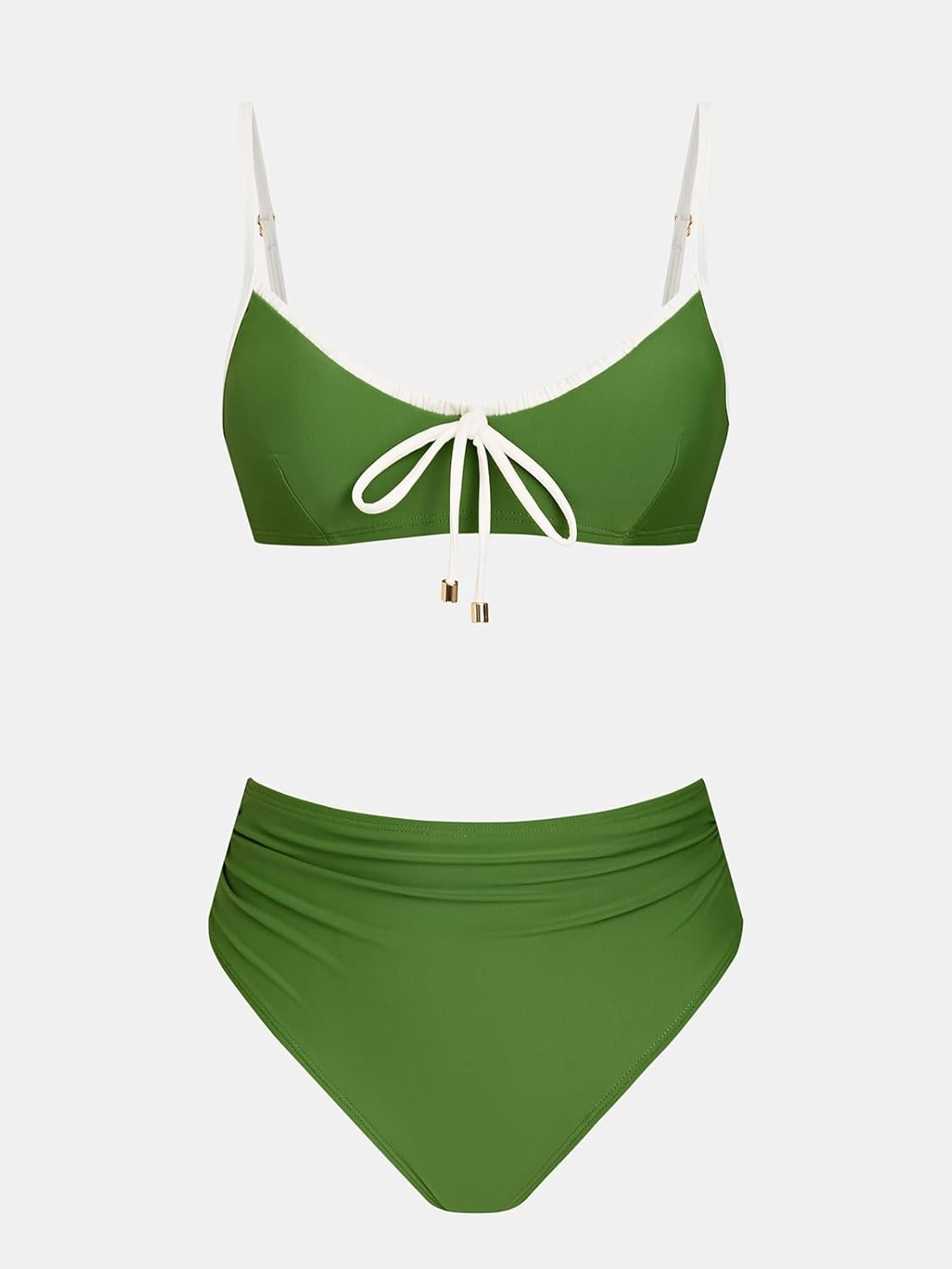 image:imageCUPSHE Womens Bikini Set High Waisted Tummy Control Two Piece Swimsuit Scoop Neck Color Block Bathing Suit RuchedGrass Green