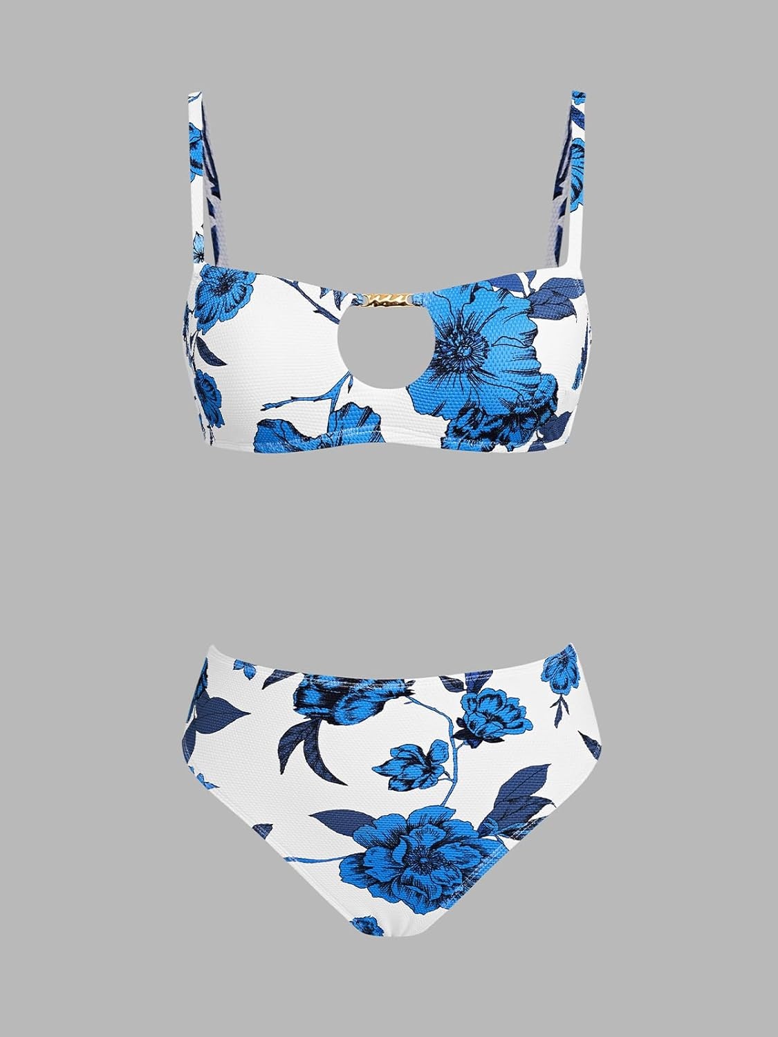 image:imageCUPSHE Womens Bikini Set High Waisted Two Piece Swimsuit Scoop Neck Cutout Bathing Suit Back Hook Color Block SwimwearWhiteBlue Floral
