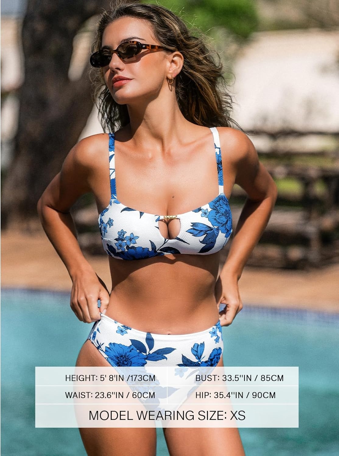 image:imageCUPSHE Womens Bikini Set High Waisted Two Piece Swimsuit Scoop Neck Cutout Bathing Suit Back Hook Color Block SwimwearWhiteBlue Floral