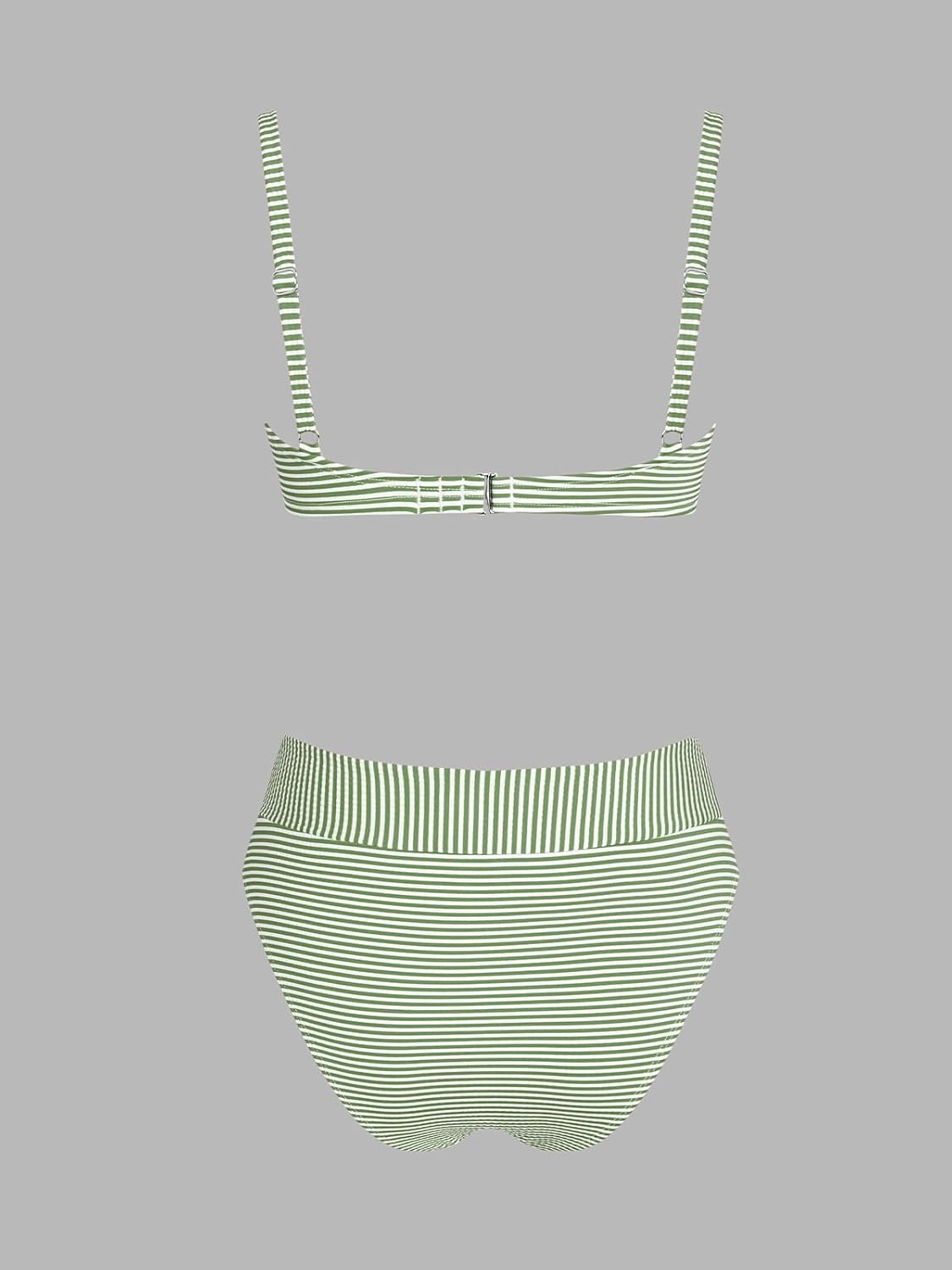 image:imageCUPSHE Womens Bikini Set High Waisted Two Piece Swimsuit U Wire High Leg Cut Cheeky Bottom Bathing Suit Back HookWhiteGreen Stripe