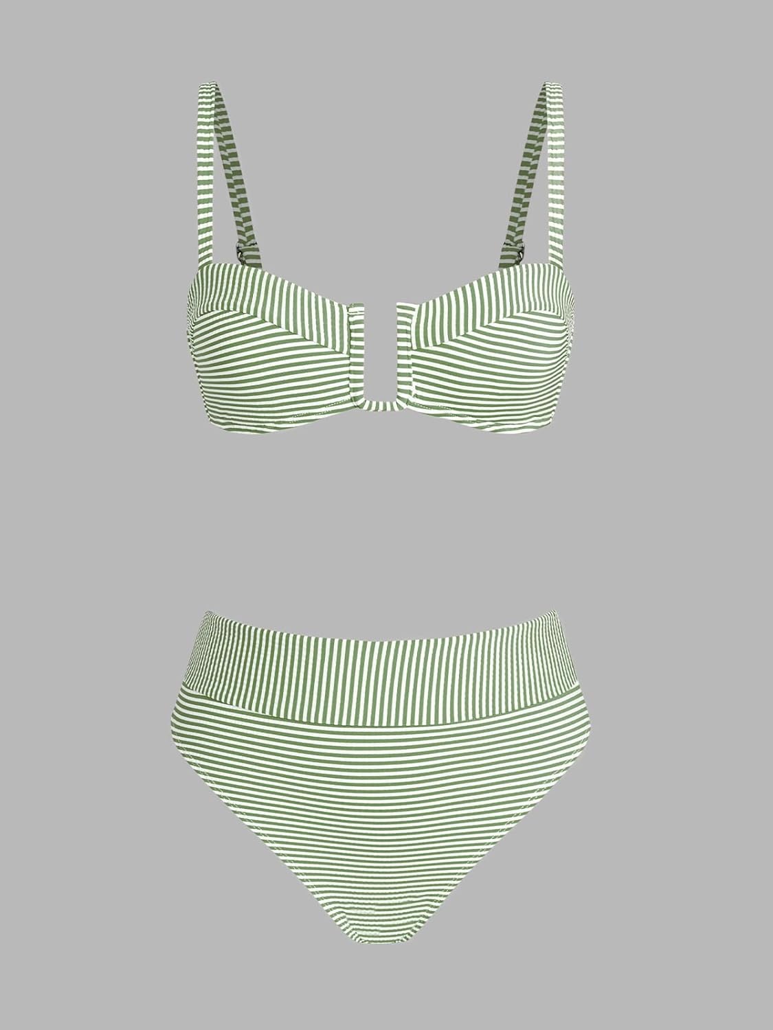 image:imageCUPSHE Womens Bikini Set High Waisted Two Piece Swimsuit U Wire High Leg Cut Cheeky Bottom Bathing Suit Back HookWhiteGreen Stripe