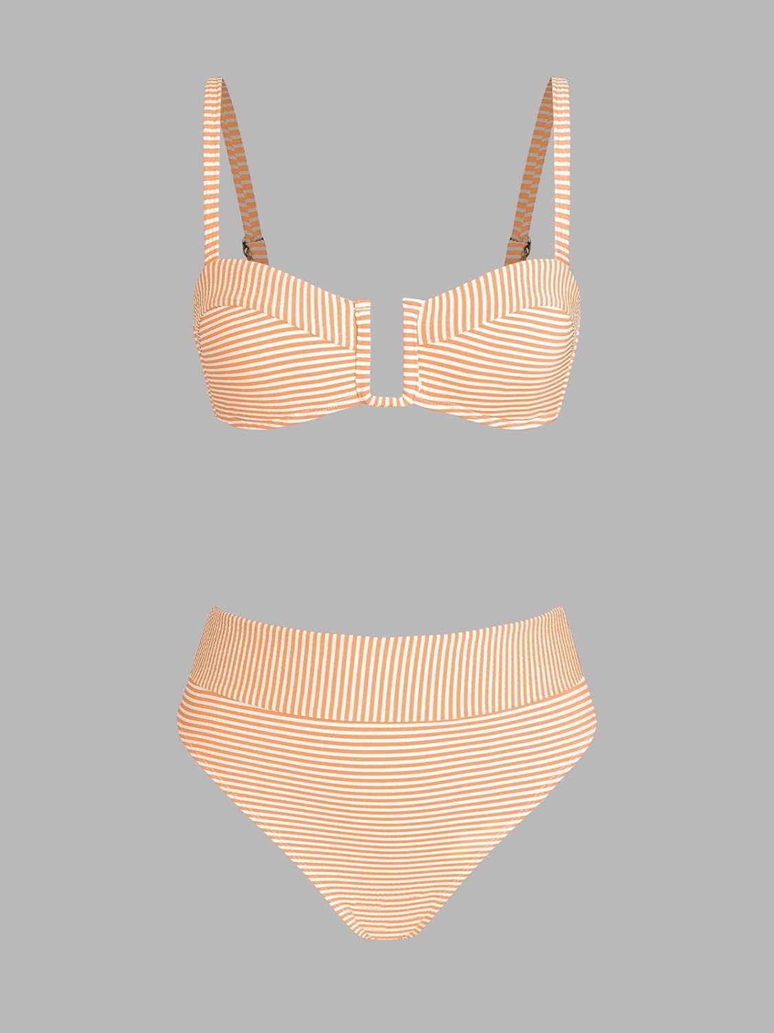 image:imageCUPSHE Womens Bikini Set High Waisted Two Piece Swimsuit U Wire High Leg Cut Cheeky Bottom Bathing Suit Back HookWhiteOrange Stripe