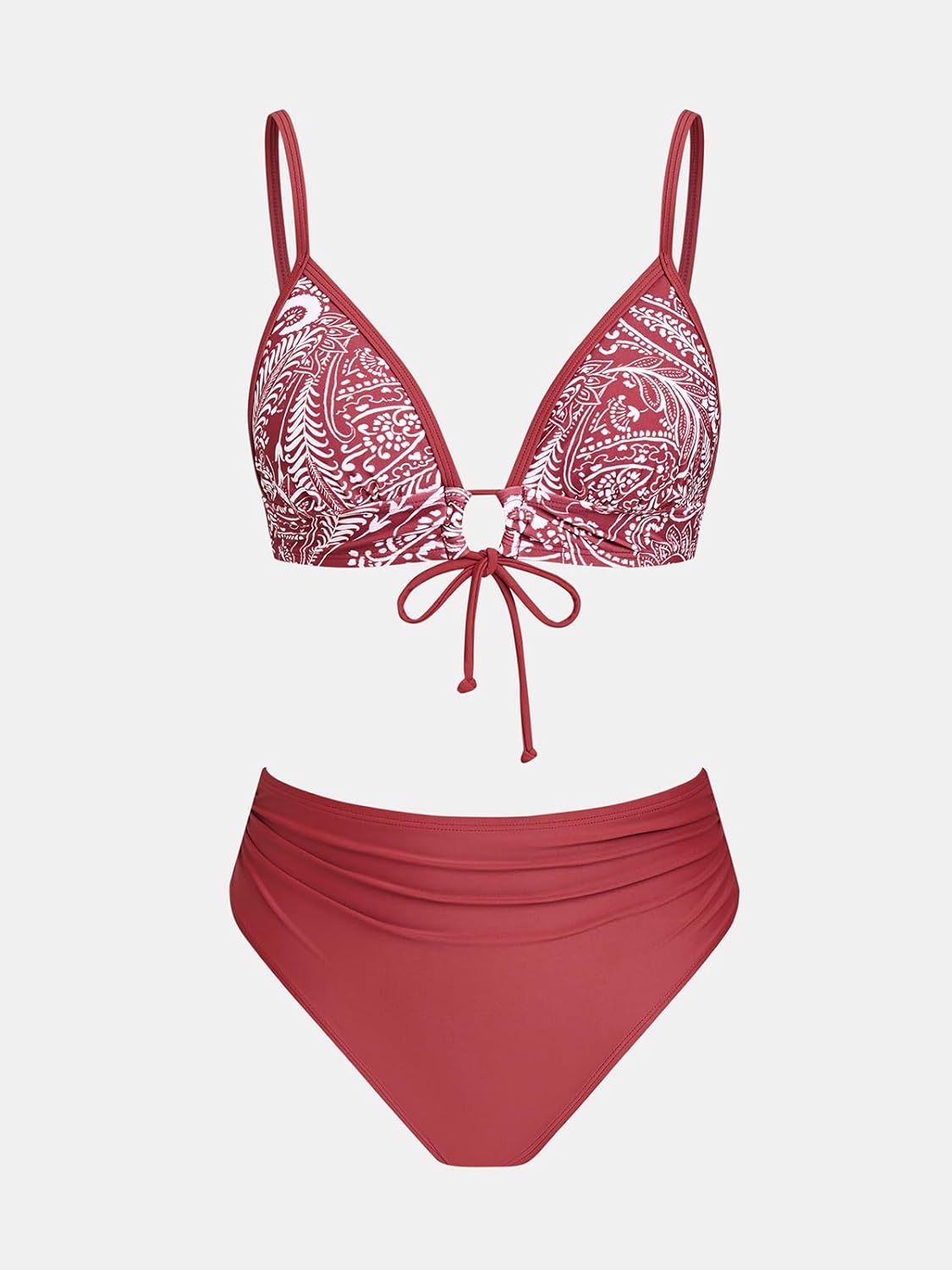 image:imageCUPSHE Womens Bikini Set High Waisted V Neck Two Piece Swimsuit Drawstring Back Hook Adjustable Straps Bathing SuitBrick RedPaisley