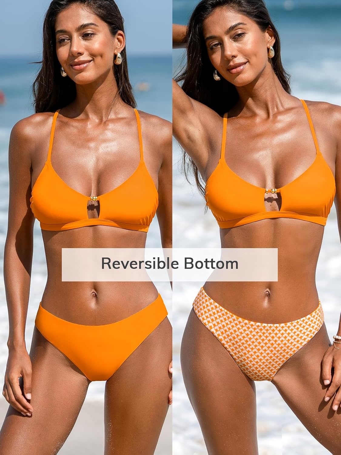image:imageCUPSHE Womens Bikini Set Two Piece Swimsuit Scoop Neck Bathing Suit Front Cutout Crossback Self Tie Reversible BottomOrangeGeometric