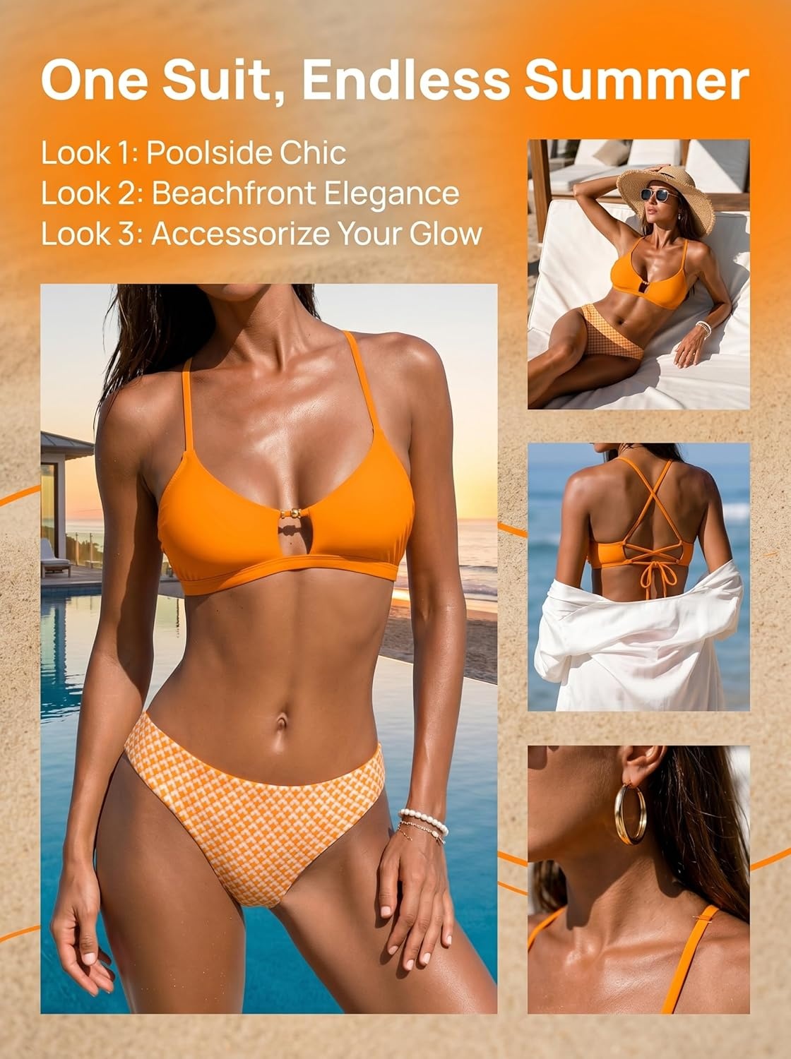 image:imageCUPSHE Womens Bikini Set Two Piece Swimsuit Scoop Neck Bathing Suit Front Cutout Crossback Self Tie Reversible BottomOrangeGeometric